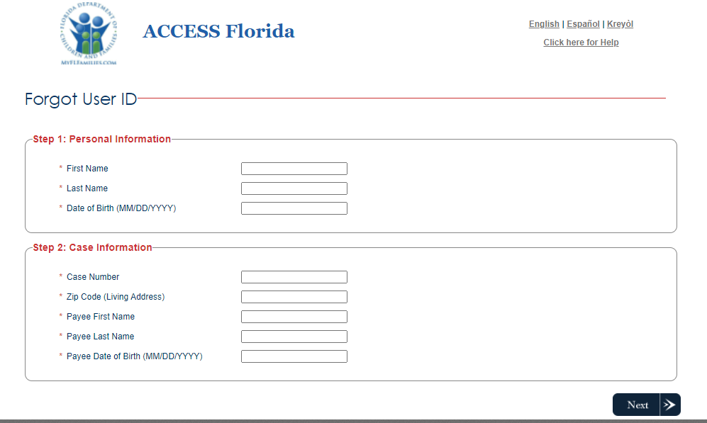 MyAccessFlorida Login User ID Recovery